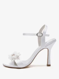 Sandales De Mariée En Satin Blanc Bout Ouvert Fleur Chaussures De Mariage