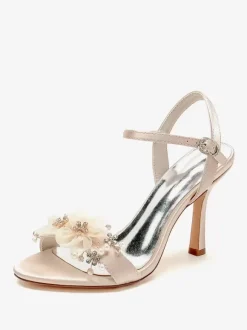 Sandales De Mariée En Satin Blanc Bout Ouvert Fleur Chaussures De Mariage