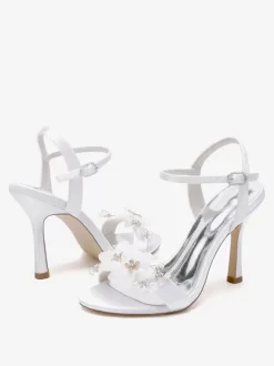 Sandales De Mariée En Satin Blanc Bout Ouvert Fleur Chaussures De Mariage