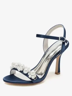 Sandales de mariée en satin ivoire chic à bout ouvert avec strass