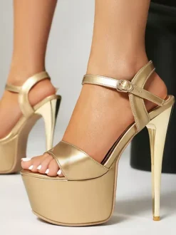 Sandales dorées sexy à plateforme bout ouvert et talons hauts