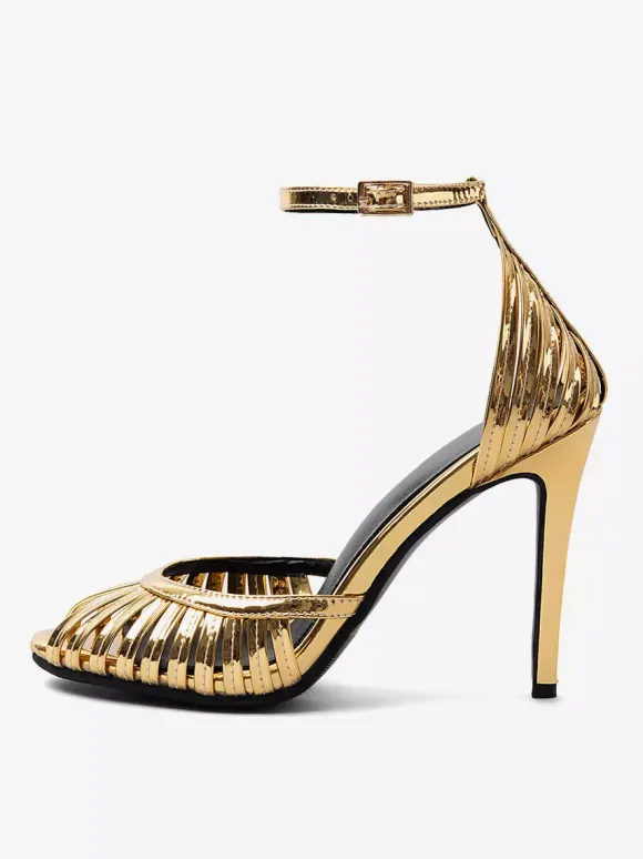 Sandales dorées à talons hauts bout ouvert style escarpin chaussures de soirée