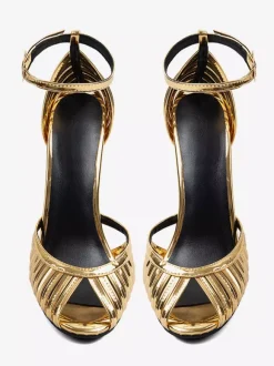 Sandales dorées à talons hauts bout ouvert style escarpin chaussures de soirée