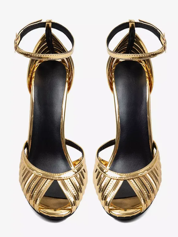 Sandales dorées à talons hauts bout ouvert style escarpin chaussures de soirée