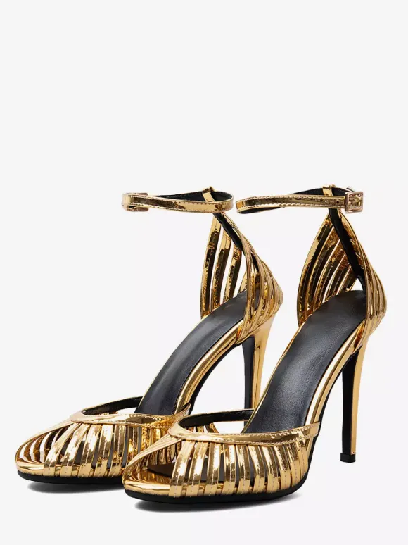 Sandales dorées à talons hauts bout ouvert style escarpin chaussures de soirée
