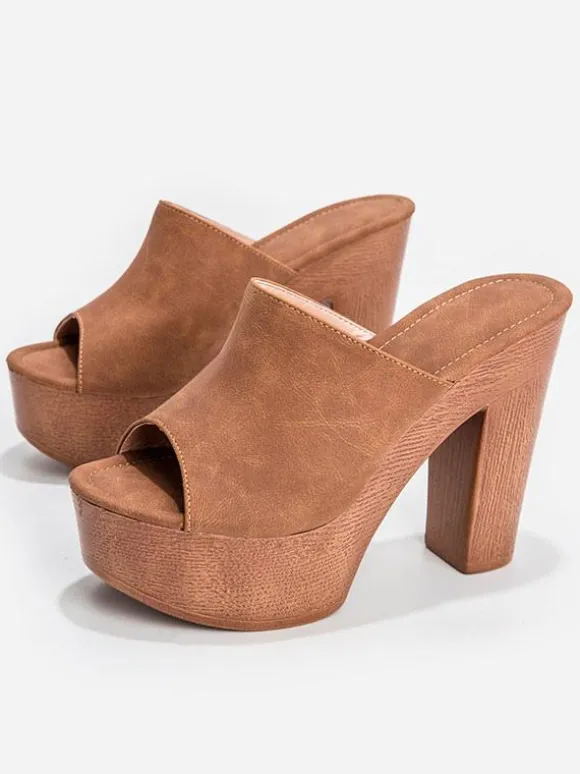 Sandales Femme Terry Slide Bout Ouvert Talon Chunky Sandales à Talons Slip-On