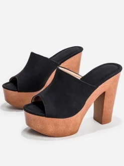 Sandales Femme Terry Slide Bout Ouvert Talon Chunky Sandales à Talons Slip-On