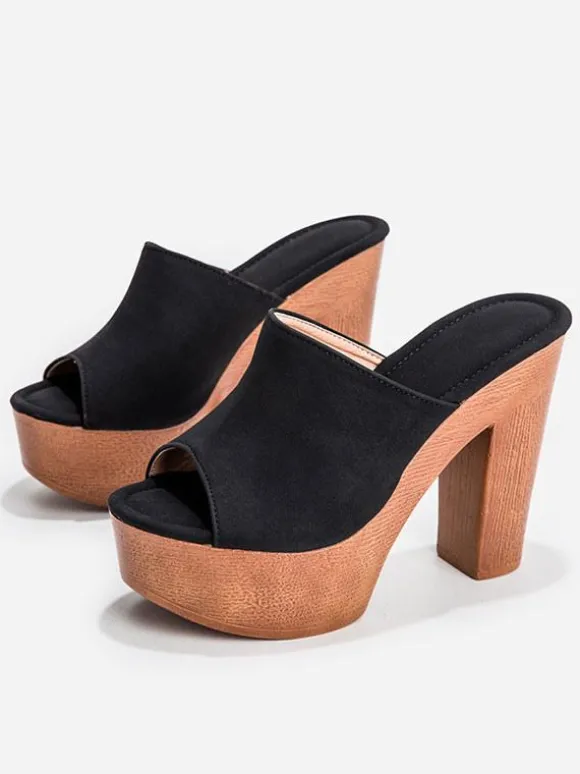 Sandales Femme Terry Slide Bout Ouvert Talon Chunky Sandales à Talons Slip-On