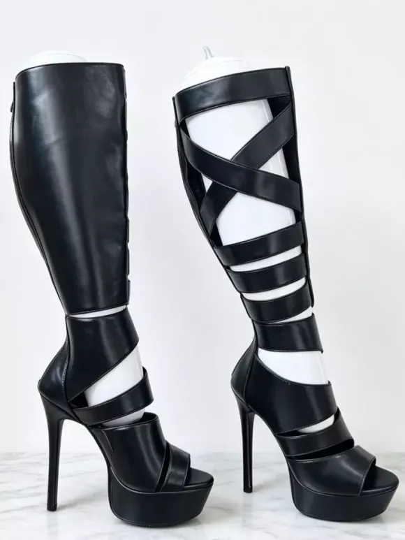 Sandales gladiateur noires à plateforme pour femmes bout ouvert et découpes