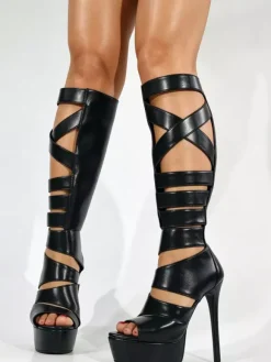 Sandales gladiateur noires à plateforme pour femmes bout ouvert et découpes