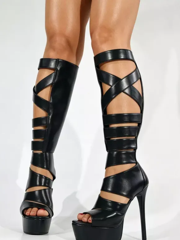 Sandales gladiateur noires à plateforme pour femmes bout ouvert et découpes