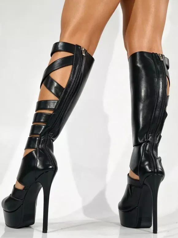 Sandales gladiateur noires à plateforme pour femmes bout ouvert et découpes