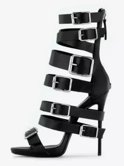 Sandales gladiateur noires à talons hauts et bout ouvert ornées d'une boucle.