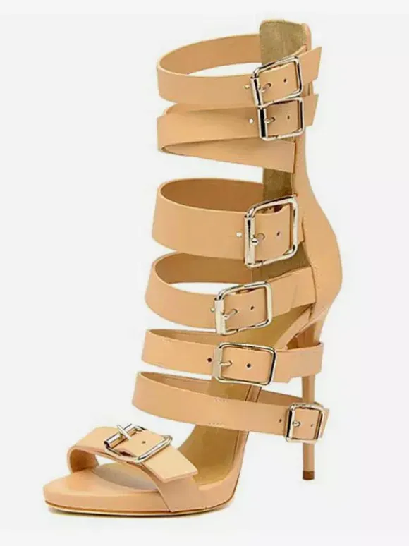 Sandales gladiateur noires à talons hauts et bout ouvert ornées d'une boucle.