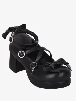 Sandales gothiques Lolita avec n艙uds à bout rond en cuir PU chaussures d'été noires Lolita