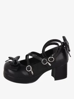 Sandales gothiques Lolita avec n艙uds à bout rond en cuir PU chaussures d'été noires Lolita