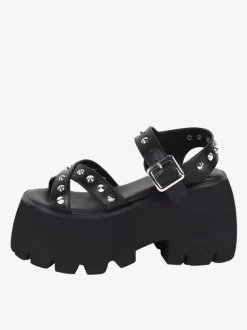 Sandales gothiques Lolita avec détails métalliques bout ouvert cuir PU métallique chaussures d'été noires Lolita