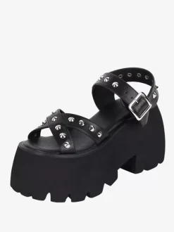 Sandales gothiques Lolita avec détails métalliques bout ouvert cuir PU métallique chaussures d'été noires Lolita