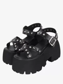 Sandales gothiques Lolita avec détails métalliques bout ouvert cuir PU métallique chaussures d'été noires Lolita