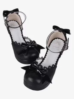 Sandales gothiques Lolita avec n艙uds à bout ouvert en cuir PU chaussures d'été noires Lolita