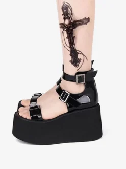 Sandales gothiques Lolita à bout rond en cuir verni supérieur Chaussures d'été Lolita noires