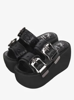 Sandales gothiques Lolita à bout rond en cuir PU Chaussures Compensées d'été Lolita noires Steam Punk