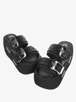 Sandales gothiques Lolita à bout rond en cuir PU Chaussures Compensées d'été Lolita noires Steam Punk