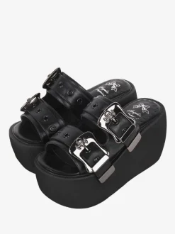 Sandales gothiques Lolita à bout rond en cuir PU Chaussures Compensées d'été Lolita noires Steam Punk