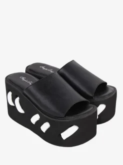 Sandales gothiques Lolita à bout rond en cuir PU Chaussures d'été Lolita noires
