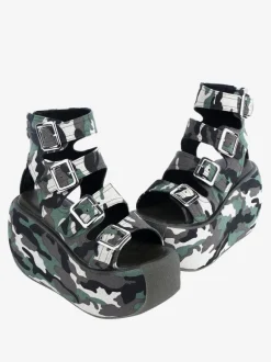 Sandales gothiques Lolita Chaussures d'été Lolita à bout rond en textile vert chasseur