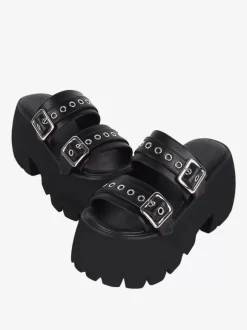 Sandales gothiques Lolita détails en métal noir cuir PU métallisé chaussures d'été Lolita à bout ouvert