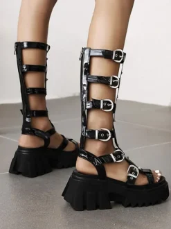 Sandales gothiques Lolita en cuir PU noir bottes plates d'été