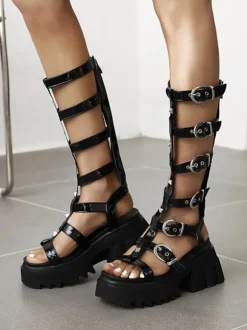 Sandales gothiques Lolita en cuir PU noir bottes plates d'été