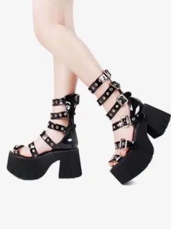 Sandales gothiques Lolita Peep Toe Patent PU Upper Black Lolita Summer Shoes