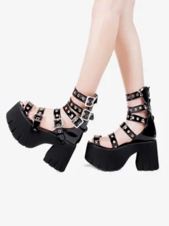 Sandales gothiques Lolita Peep Toe Patent PU Upper Black Lolita Summer Shoes