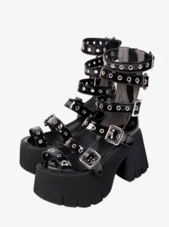 Sandales gothiques Lolita Peep Toe Patent PU Upper Black Lolita Summer Shoes