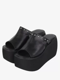 Sandales gothiques Lolita à rivets bout ouvert imprimé floral cuir PU chaussures d'été noires Lolita
