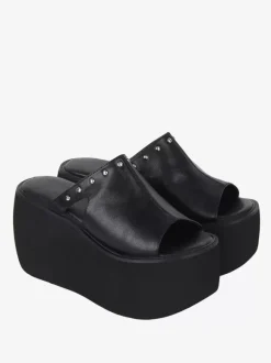 Sandales gothiques Lolita à rivets bout ouvert imprimé floral cuir PU chaussures d'été noires Lolita