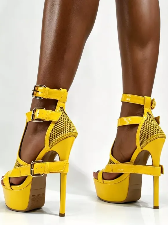 Sandales jaunes à talons hauts chaussures à plateforme bout ouvert patchwork détails Chukle