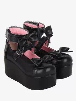 Sandales Lolita douces bout rond motif papillon cuir PU chaussures d'été noires Lolita