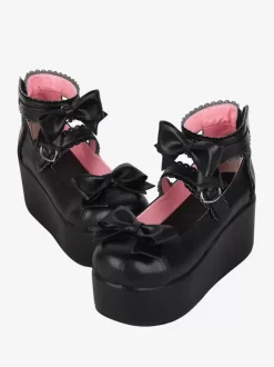 Sandales Lolita douces bout rond motif papillon cuir PU chaussures d'été noires Lolita