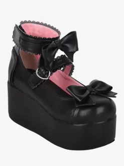 Sandales Lolita douces bout rond motif papillon cuir PU chaussures d'été noires Lolita