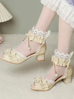 Sandales Lolita Style Rococo Beige Arcs Perles Bout Découpé Lolita Chaussures D'été