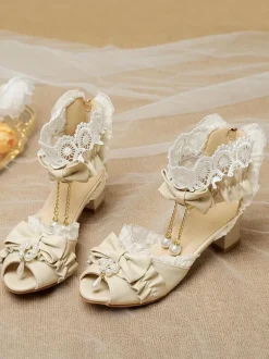 Sandales Lolita Style Rococo Beige Arcs Perles Bout Découpé Lolita Chaussures D'été