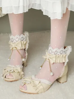 Sandales Lolita Style Rococo Beige Arcs Perles Bout Découpé Lolita Chaussures D'été