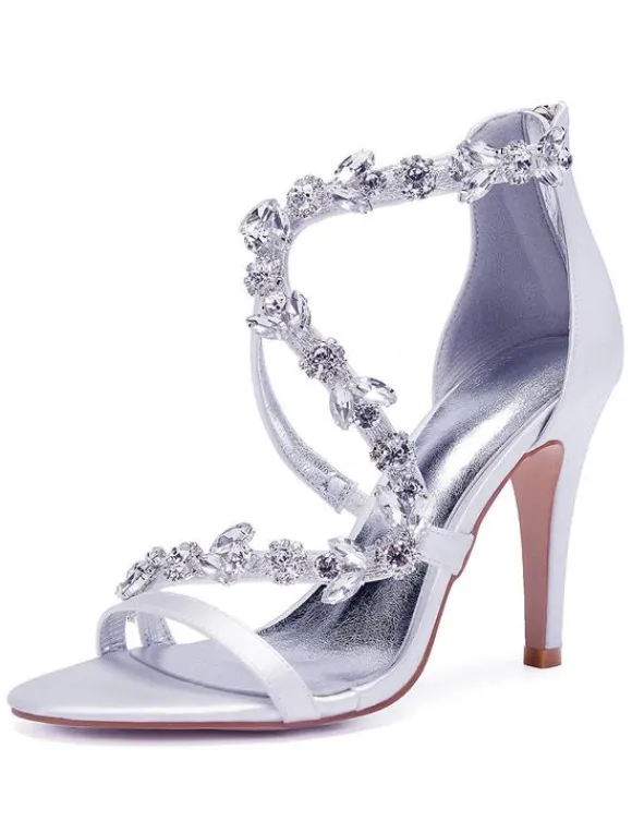 Sandales mariée ivoire en satin talon haut décoré des diamants artificiels