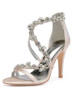 Sandales mariée ivoire en satin talon haut décoré des diamants artificiels