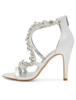 Sandales mariée ivoire en satin talon haut décoré des diamants artificiels