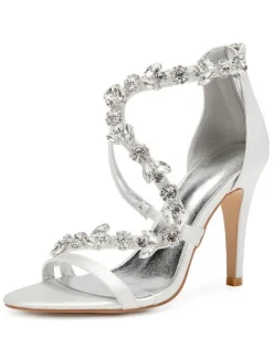 Sandales mariée ivoire en satin talon haut décoré des diamants artificiels