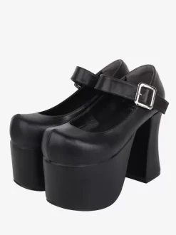 Sandales mignonne Lolita avec 艙illets bout rond cuir PU métallique chaussures d'été noires Lolita